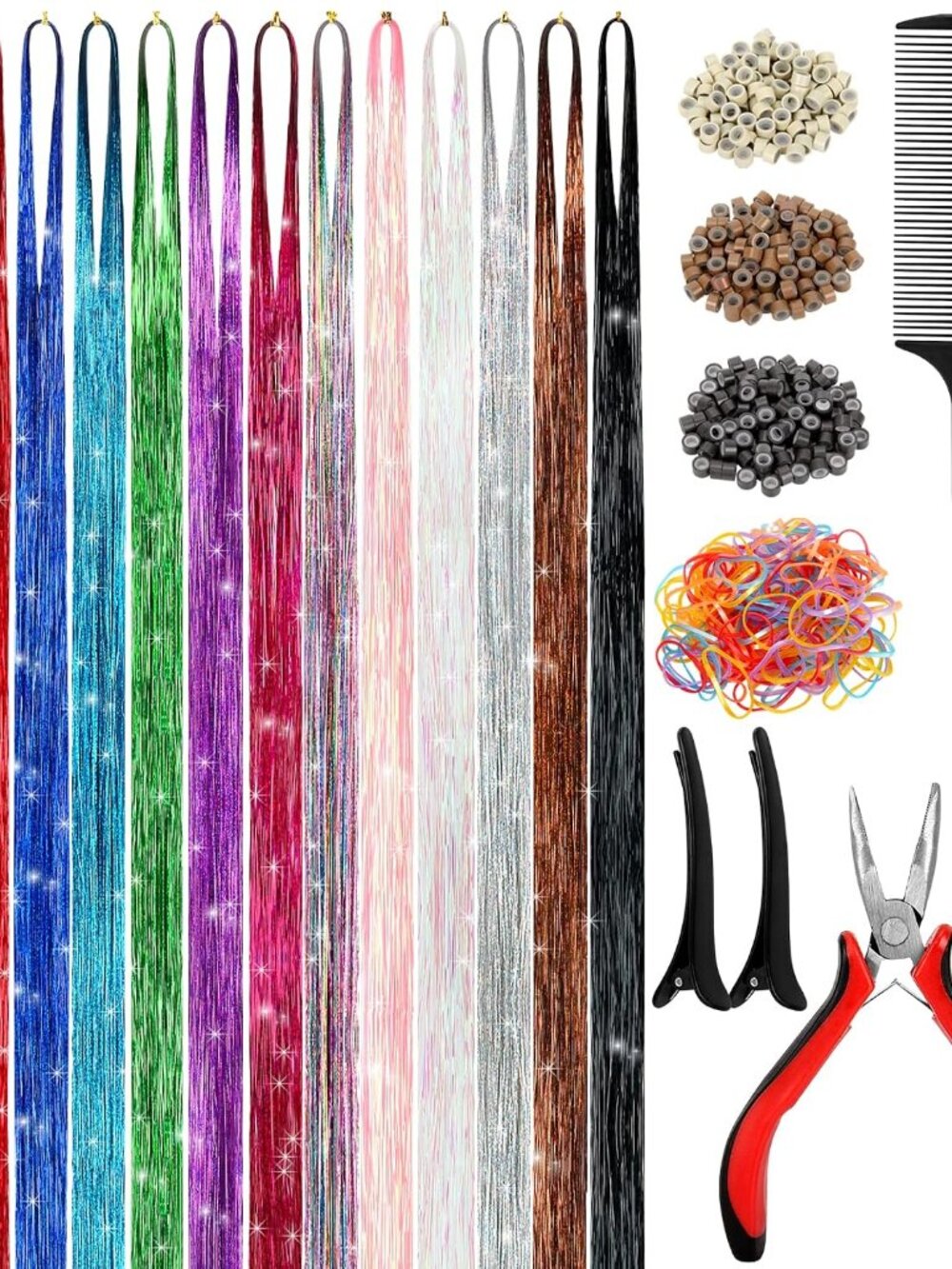 Hair Tinsel Kit 48 Inch,14 Colors, 3500 strands, Tinsel Hair Extensions with Too